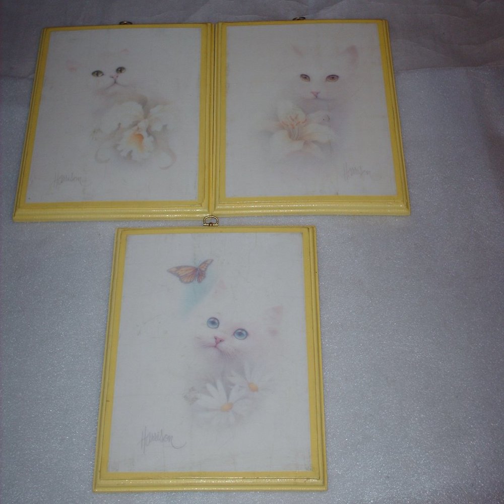 Set of 3 vintage wooden cat plaques signed Harrison